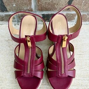 Michael Kors Berkley Leather Espadrille Wedge Sandals Size 7 Womens Burgundy